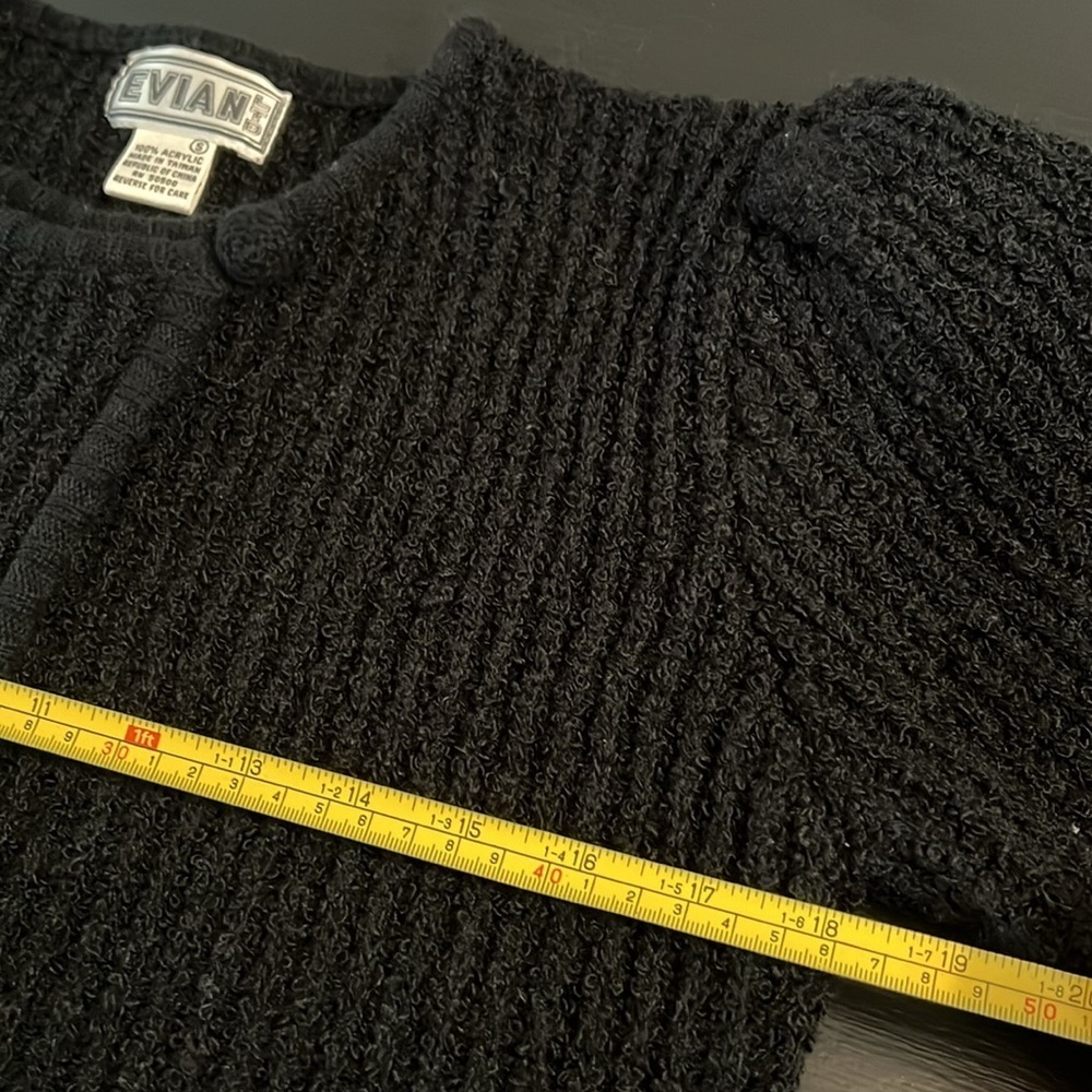 Vintage Evian Black Textured Cardigan Puff Sleeve Ribbed Knit Sweater Small - Picture 6 of 7